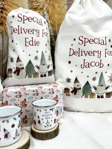 personalised santa sack, Christmas sack, gnomes