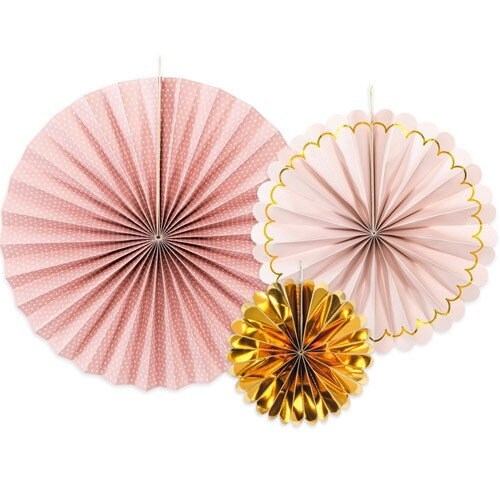 Paper pinwhhels, paper circle fans, pink and gold party decorations, backdrop decorations, cake smash