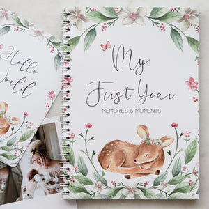 Baby journal, baby book, baby journal and memory book, woodland, fawn, baby milestone, pregnancy journal, my first year, my first year book