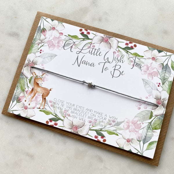 wish bracelet, Nana to be wish bracelet, fawn, woodland, baby shower gift, nana gift, grandparent announcement