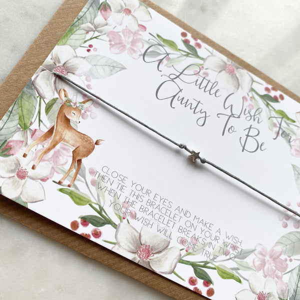 wish bracelet, Aunty to be wish bracelet, fawn, woodland, baby shower gift, aunty gift, aunty announcement