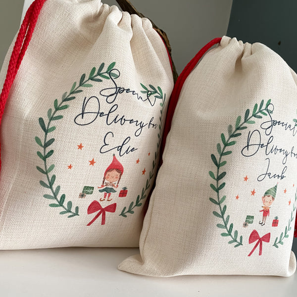 personalised santa sack, Christmas elf