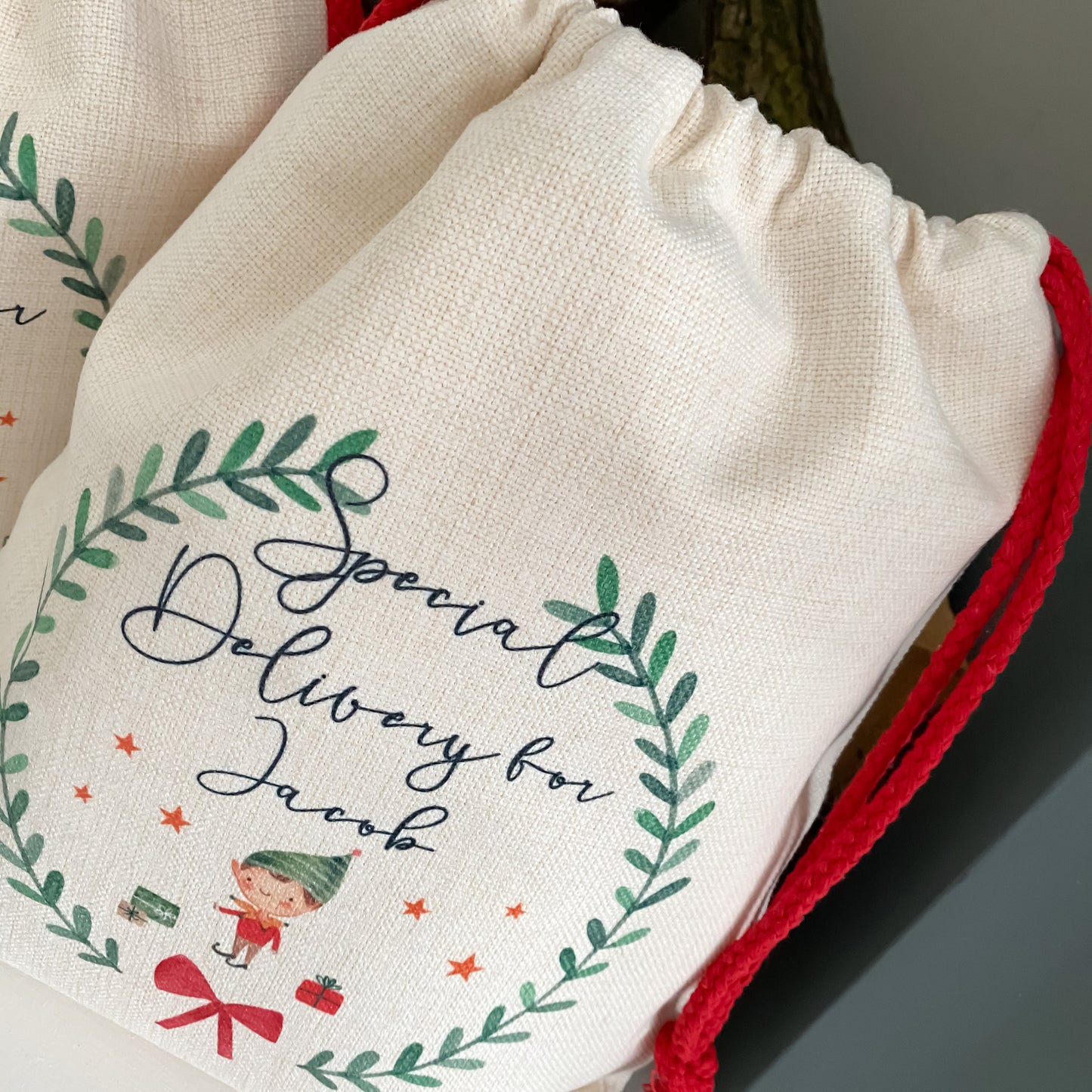 personalised santa sack, Christmas elf