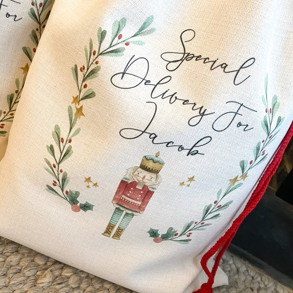 SALE personalised santa sack, Christmas sack, Christmas nutcracker, sugar plum fairy, girl, boy, Christmas Eve box, first Christmas gift
