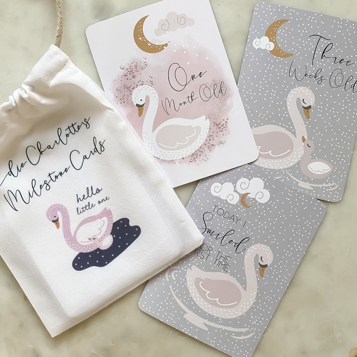 baby milestone cards, swan, swan milestone cards, pregnancy, baby shower gift, swan, baby girl, new baby gift. blush
