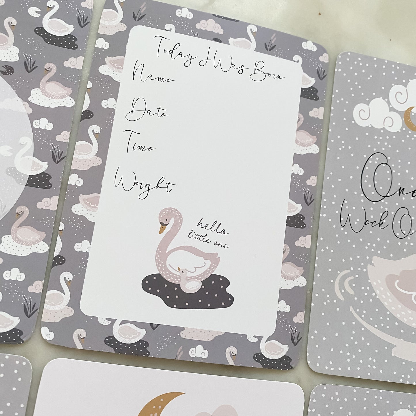 baby milestone cards, swan, swan milestone cards, pregnancy, baby shower gift, swan, baby girl, new baby gift. blush