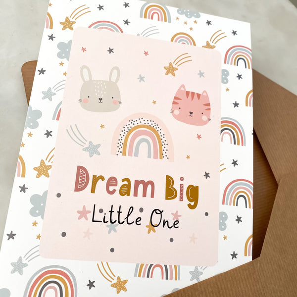 new baby card, new baby greeting card, rainbow, new baby gift, dream big little one