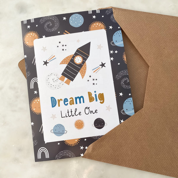 new baby card, new baby greeting card, space, new baby gift, dream big little one