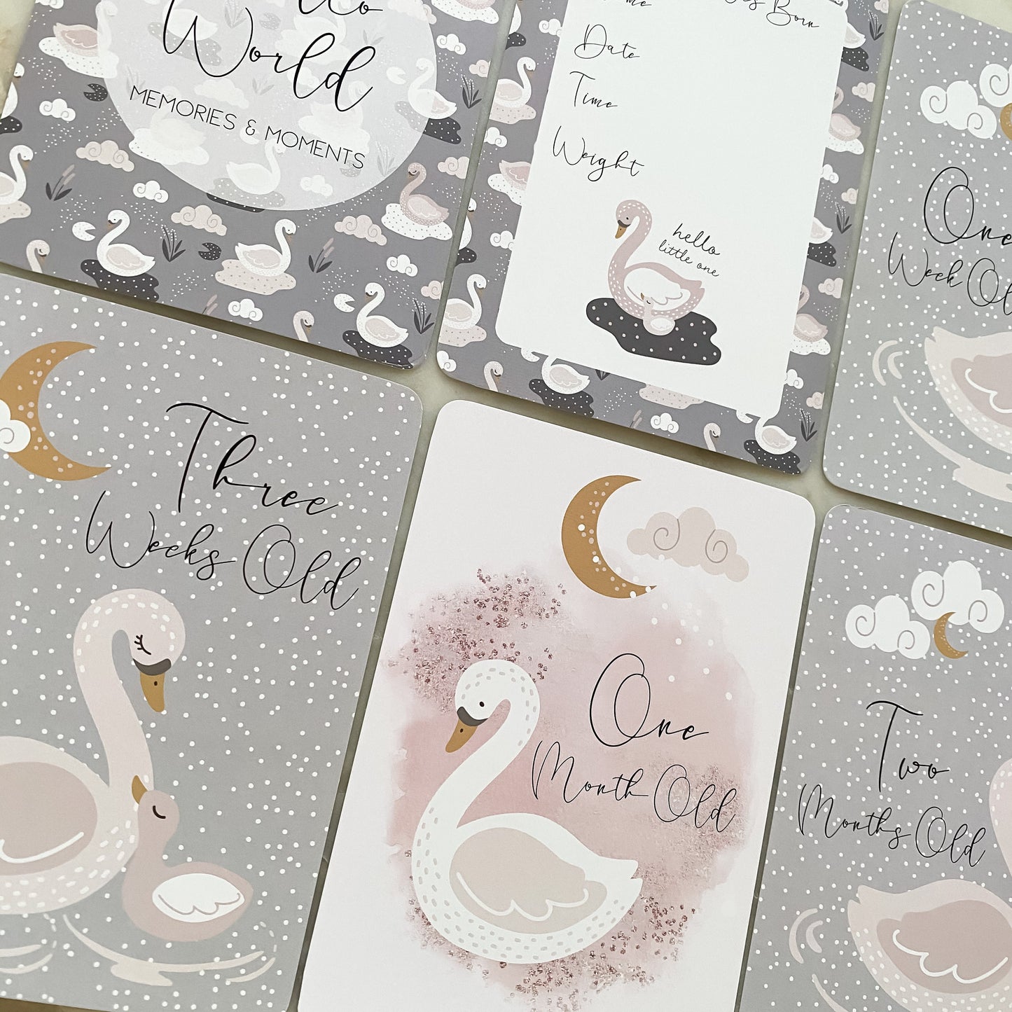 baby milestone cards, swan, swan milestone cards, pregnancy, baby shower gift, swan, baby girl, new baby gift. blush