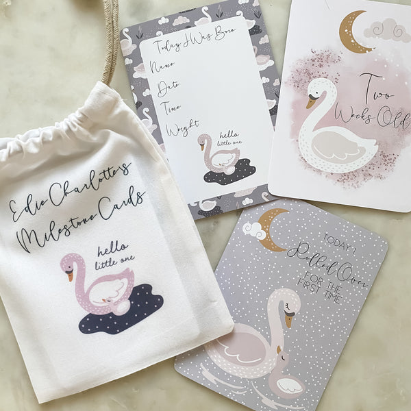 baby milestone cards, swan, swan milestone cards, pregnancy, baby shower gift, swan, baby girl, new baby gift. blush