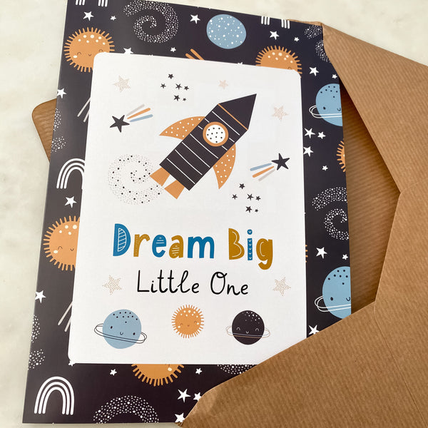new baby card, new baby greeting card, space, new baby gift, dream big little one