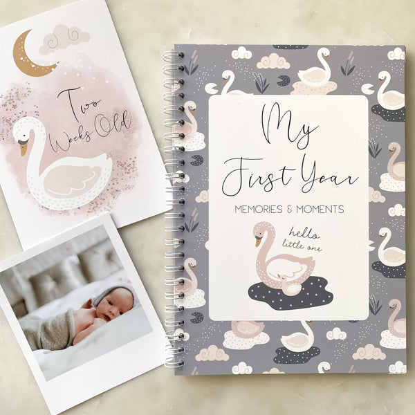 Baby journal, baby book, baby journal and memory book, swan, baby milestone, pregnancy journal, my first year, new baby gift