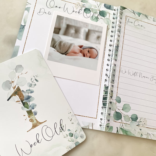 Baby journal, baby book, baby journal and memory book, eucalyptus, baby milestone, pregnancy journal, my first year, new baby gift