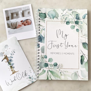 Baby journal, baby book, baby journal and memory book, eucalyptus, baby milestone, pregnancy journal, my first year, new baby gift