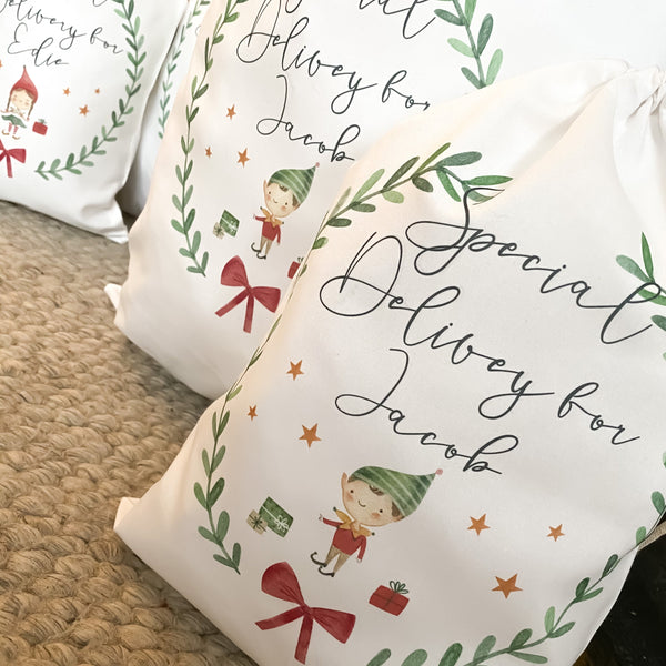 SALE personalised santa sack, Christmas stocking, Christmas elf, girl, boy, Christmas Eve box, first Christmas gift
