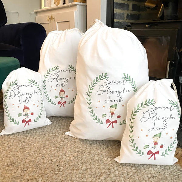 SALE personalised santa sack, Christmas stocking, Christmas elf, girl, boy, Christmas Eve box, first Christmas gift