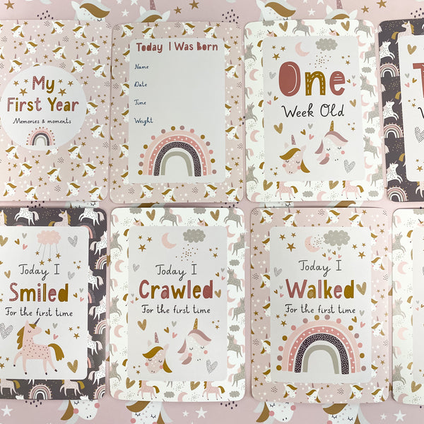 baby milestone cards, unicorn, rainbow, unicorn milestone cards, pregnancy, baby shower gift, new baby gift