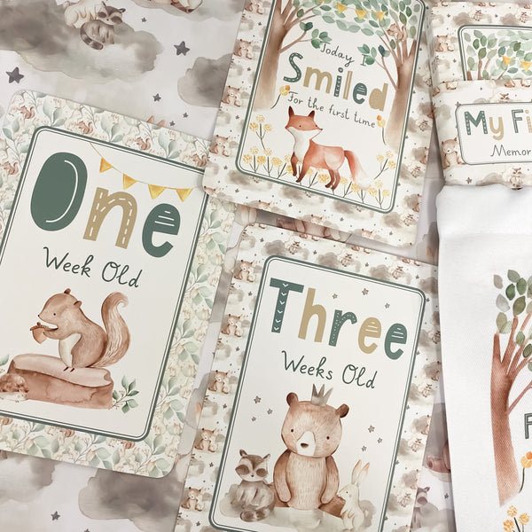 baby milestone cards, woodland, woodland milestone cards, pregnancy, baby shower gift, fox, baby bear