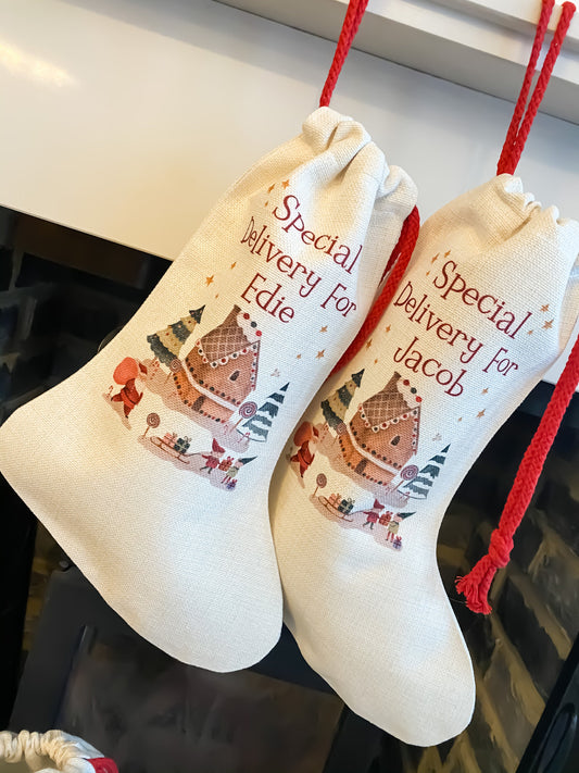 personalised Christmas stocking, Santa house