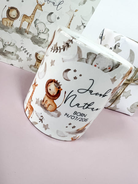 personalised money box, piggy bank, new baby gift, christening gift, safari, jungle, baby shower gift, unisex gift,