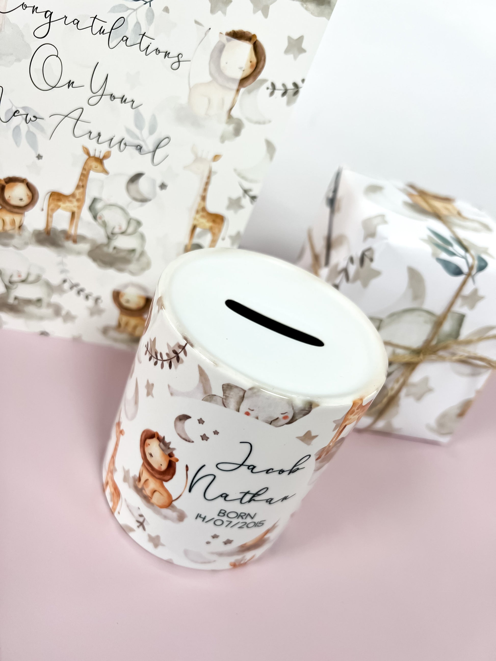 personalised money box, piggy bank, new baby gift, christening gift, safari, jungle, baby shower gift, unisex gift,