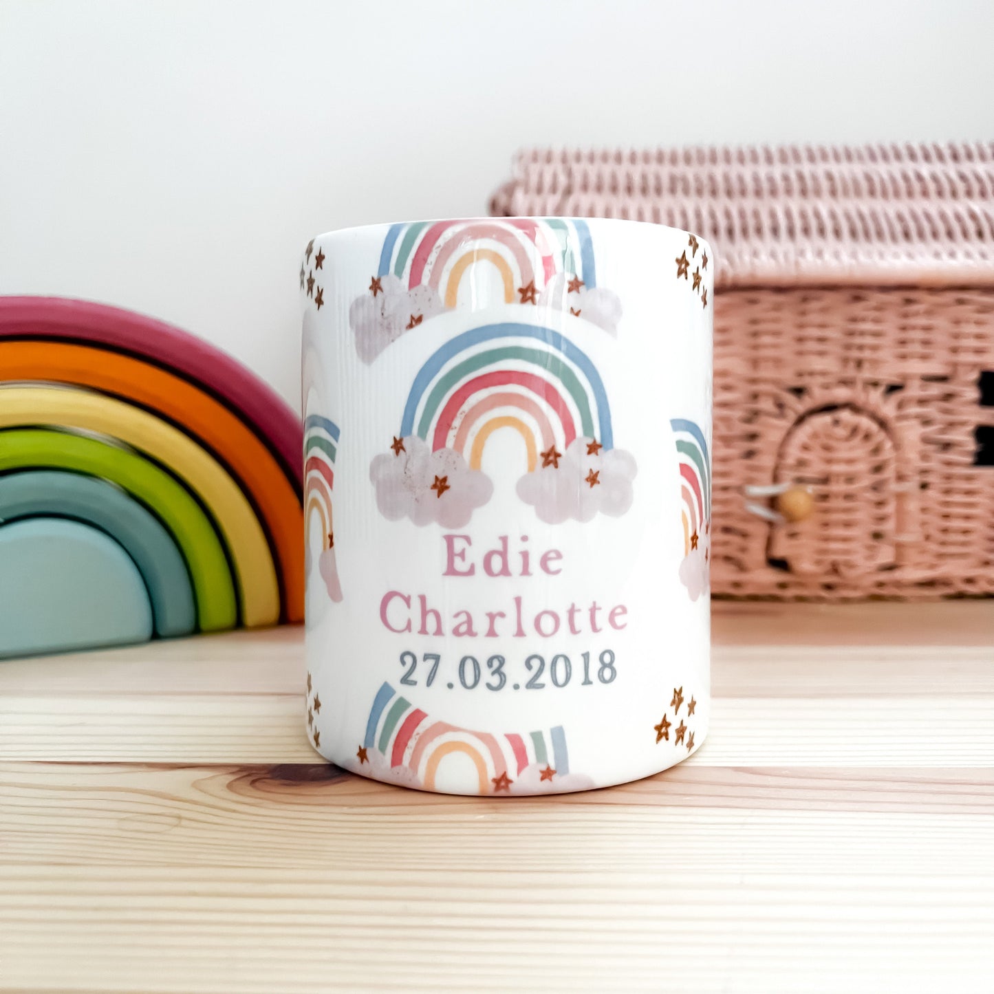 personalised money box, piggy bank, new baby gift, christening gift, baby girl, baby shower gift, rainbow, birthday gift, girls birthday