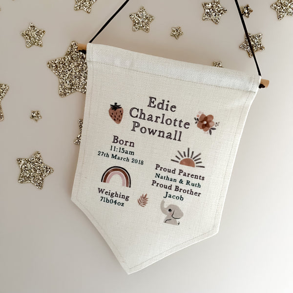 Personalised nursery wall hanging, birth announcement, flag, nursery pendent, nursery print, new baby gift, birth stats, nursery decor