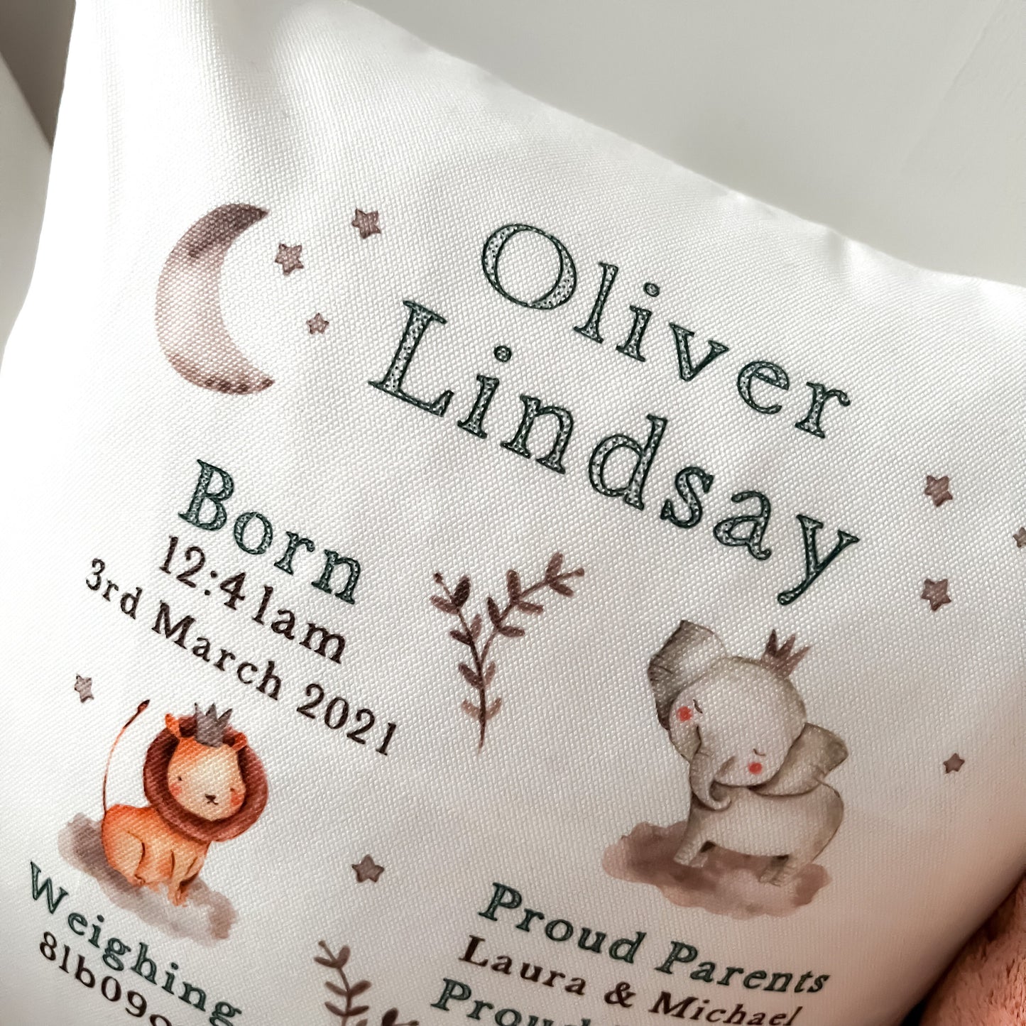 New baby gift, personalised baby birth stats cushion, nursery cushion, birth announcement, baby shower gift, baby keepsake, safari