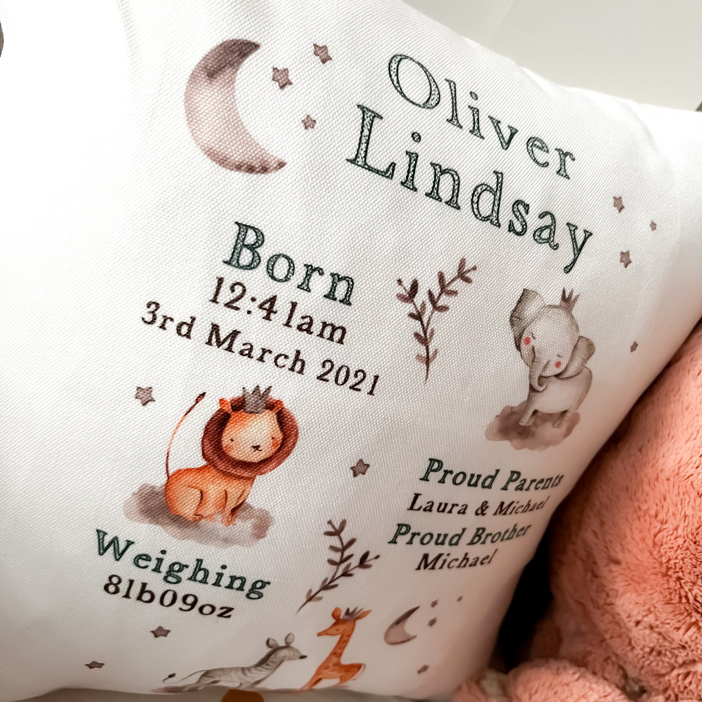 New baby gift, personalised baby birth stats cushion, nursery cushion, birth announcement, baby shower gift, baby keepsake, safari