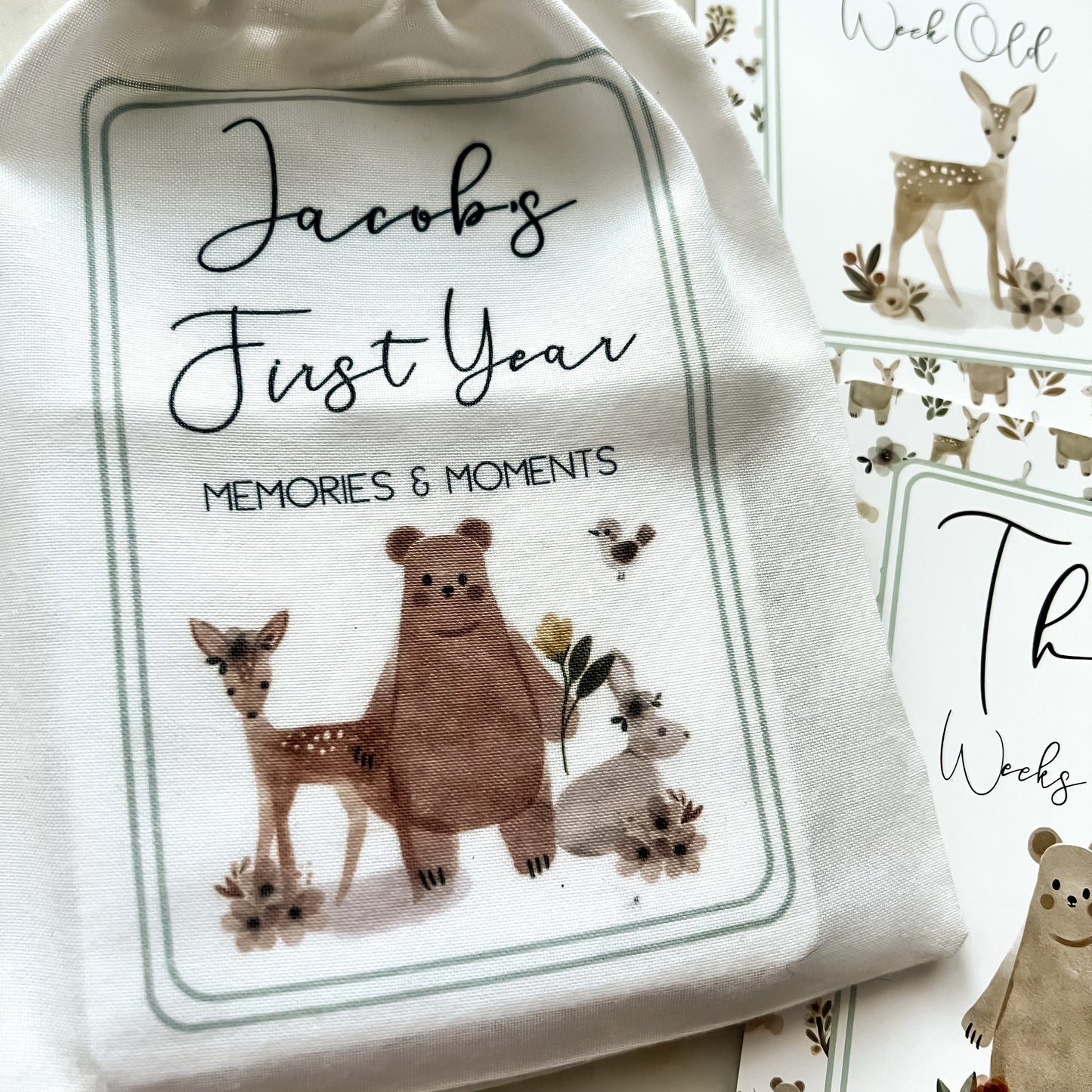 baby milestone cards, woodland, woodland milestone cards, pregnancy, baby shower gift, fawn, baby bear