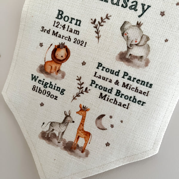 Personalised nursery wall hanging, birth announcement, flag, nursery pendent, nursery print, new baby gift, birth stats, nursery decor