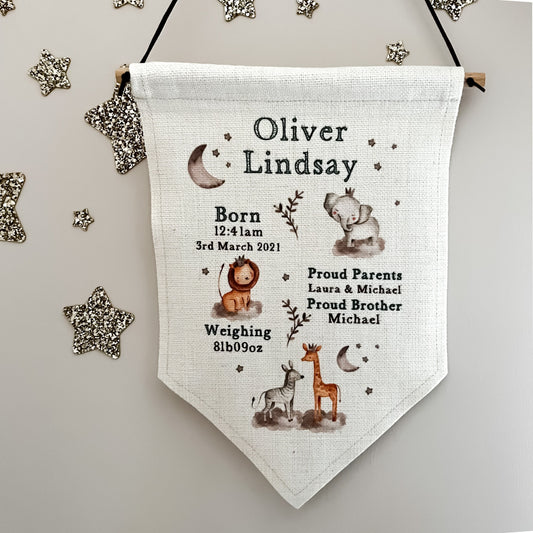 Personalised nursery wall hanging, birth announcement, flag, nursery pendent, nursery print, new baby gift, birth stats, nursery decor