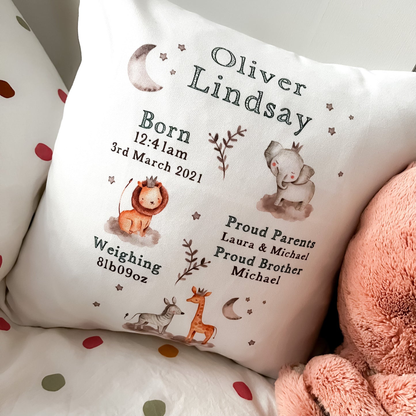 New baby gift, personalised baby birth stats cushion, nursery cushion, birth announcement, baby shower gift, baby keepsake, safari