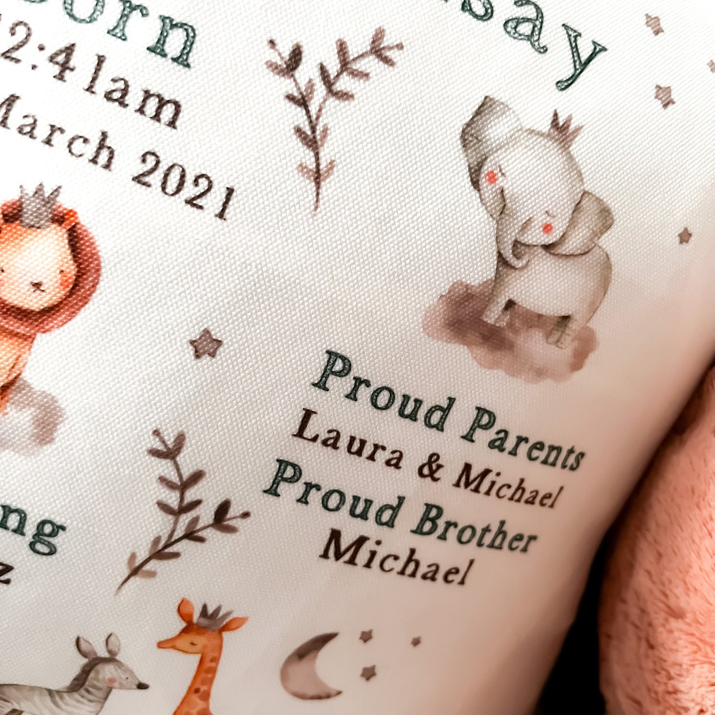 New baby gift, personalised baby birth stats cushion, nursery cushion, birth announcement, baby shower gift, baby keepsake, safari