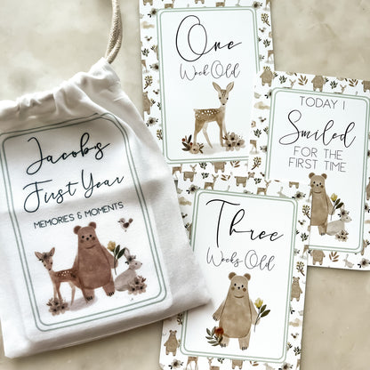 baby milestone cards, woodland, woodland milestone cards, pregnancy, baby shower gift, fawn, baby bear