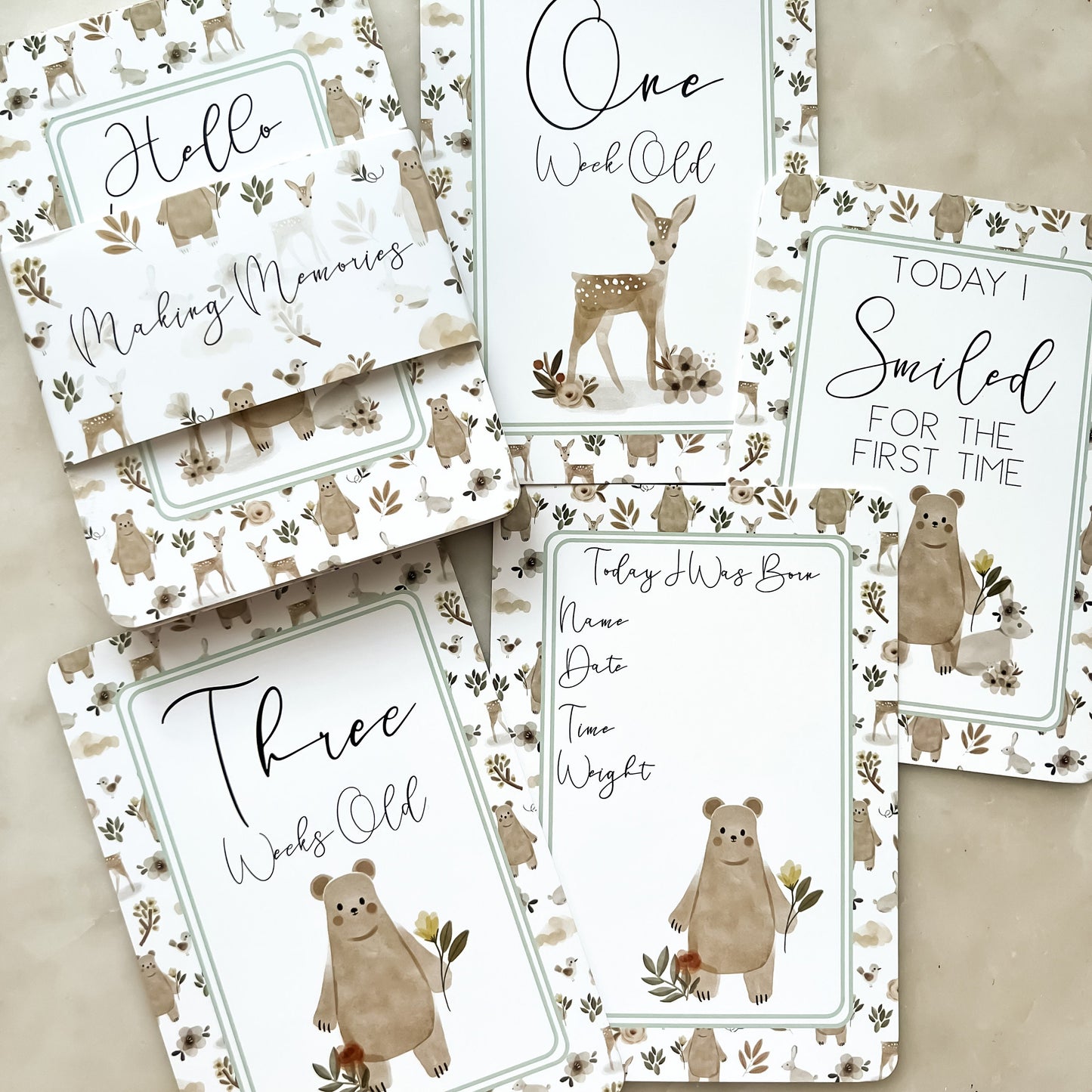 baby milestone cards, woodland, woodland milestone cards, pregnancy, baby shower gift, fawn, baby bear