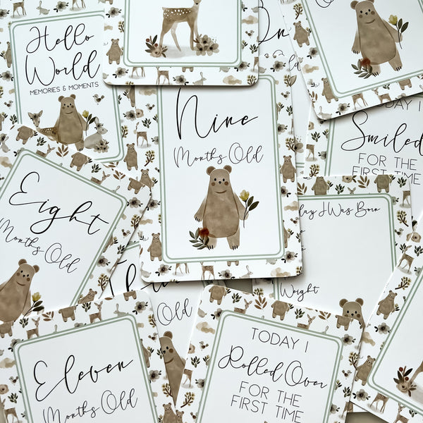 baby milestone cards, woodland, woodland milestone cards, pregnancy, baby shower gift, fawn, baby bear